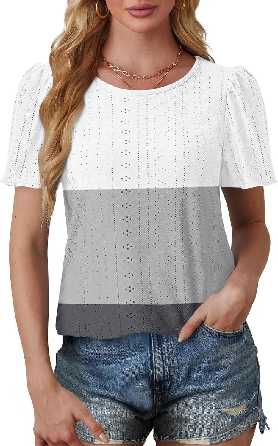 Summer Tops for Women Trendy Eyelet Hollow Out T-Shirts Crewneck Color Block Shirts Casual Loose Fit Tunic Blouse