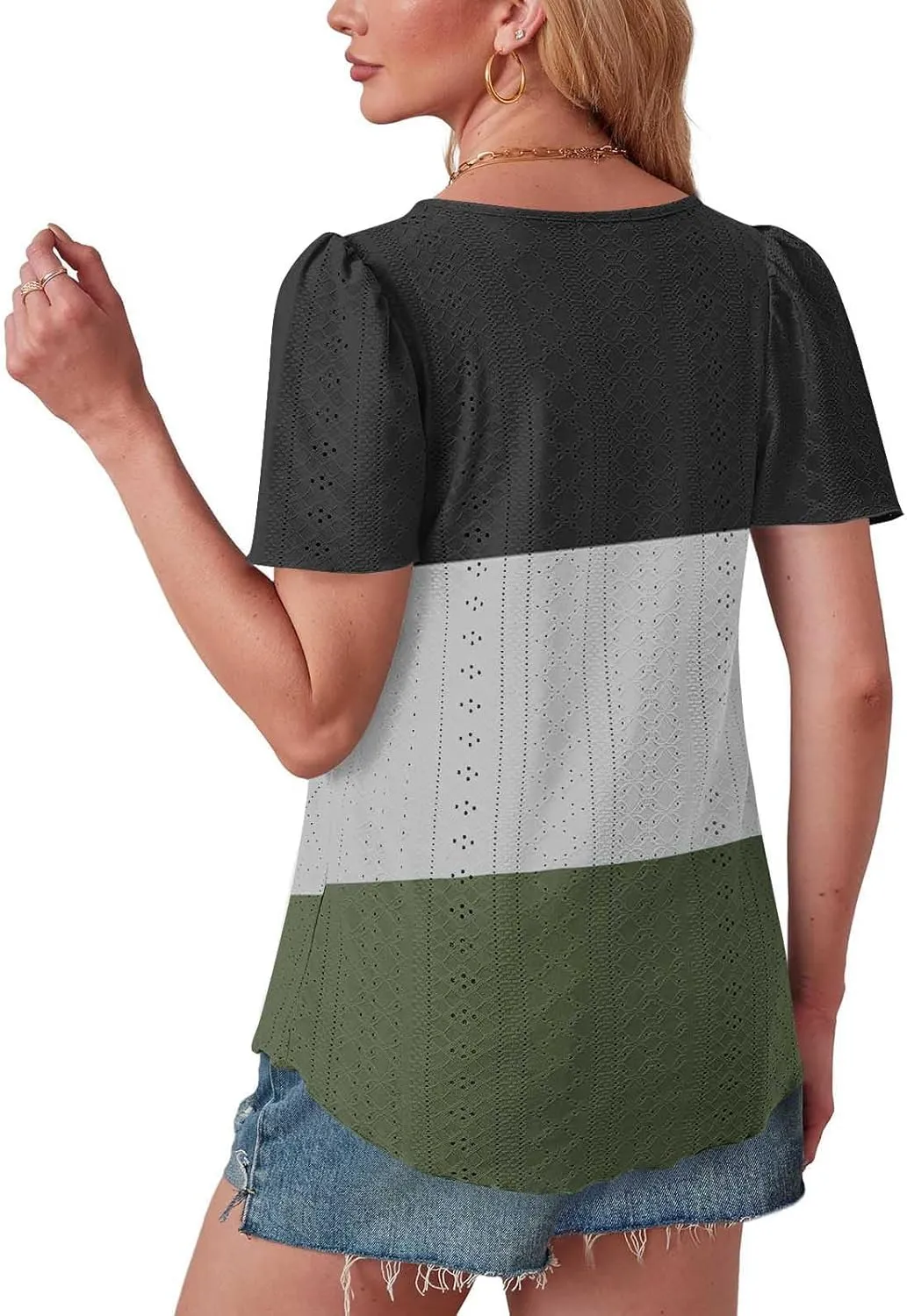 Summer Tops for Women Trendy Eyelet Hollow Out T-Shirts Crewneck Color Block Shirts Casual Loose Fit Tunic Blouse