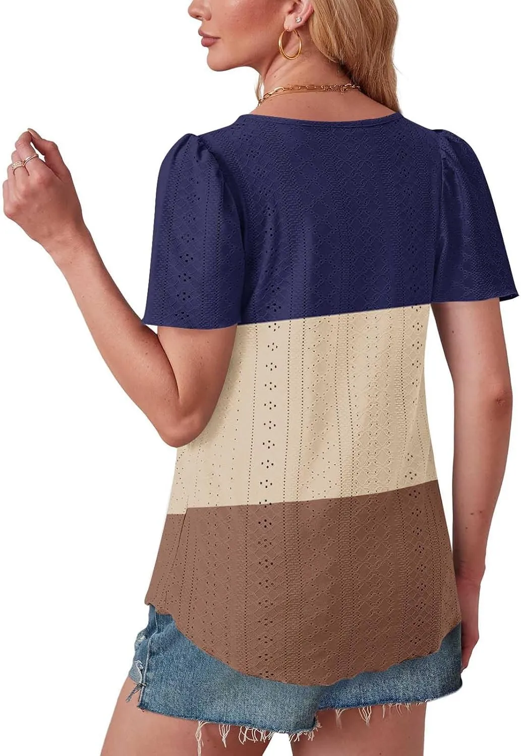 Summer Tops for Women Trendy Eyelet Hollow Out T-Shirts Crewneck Color Block Shirts Casual Loose Fit Tunic Blouse