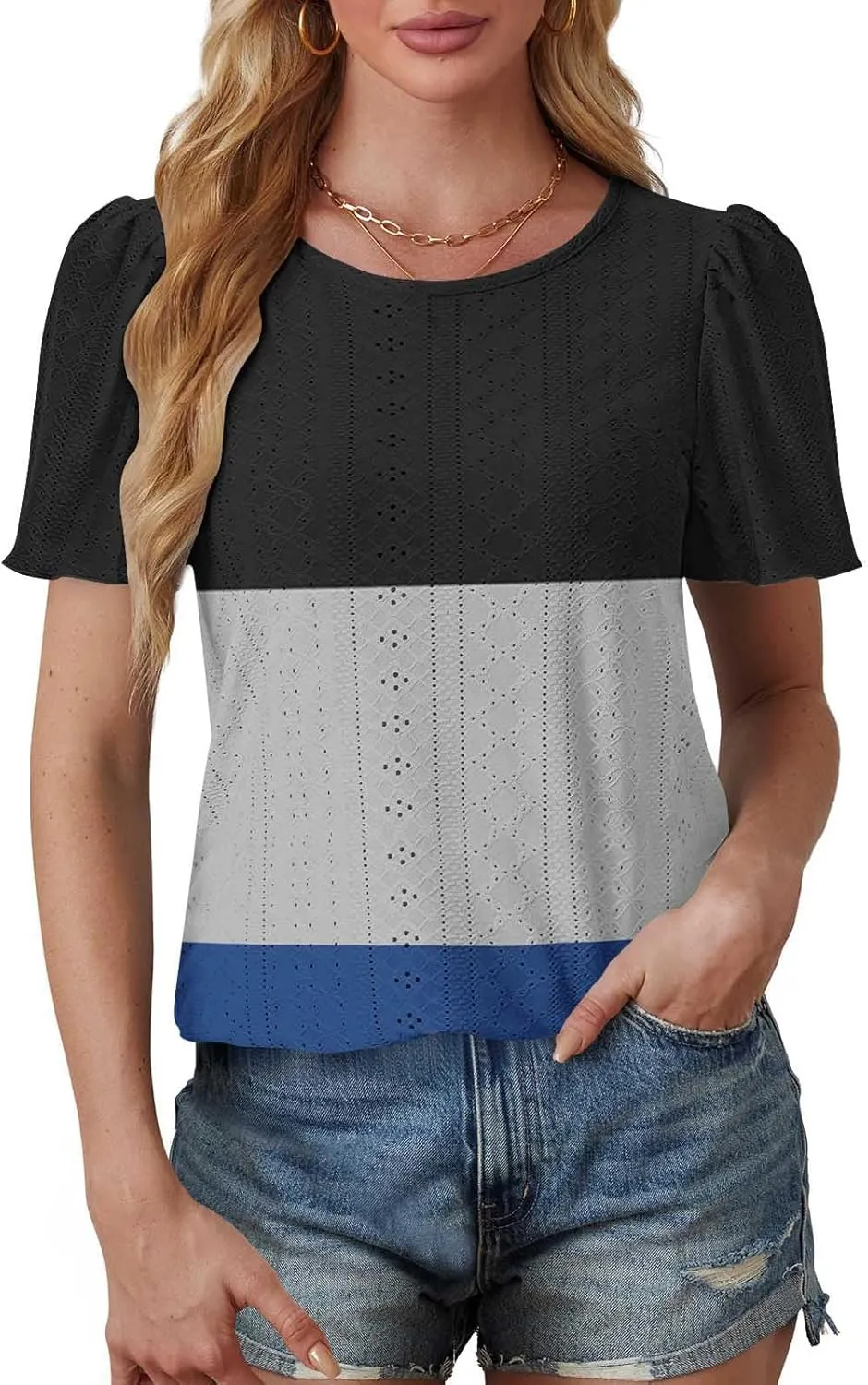 Summer Tops for Women Trendy Eyelet Hollow Out T-Shirts Crewneck Color Block Shirts Casual Loose Fit Tunic Blouse