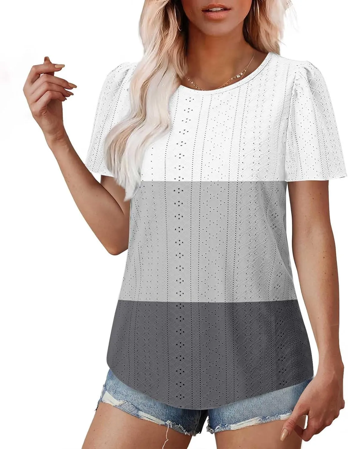Summer Tops for Women Trendy Eyelet Hollow Out T-Shirts Crewneck Color Block Shirts Casual Loose Fit Tunic Blouse