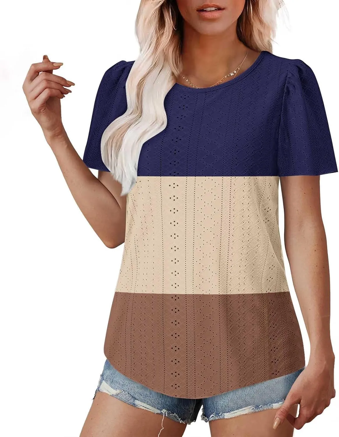 Summer Tops for Women Trendy Eyelet Hollow Out T-Shirts Crewneck Color Block Shirts Casual Loose Fit Tunic Blouse