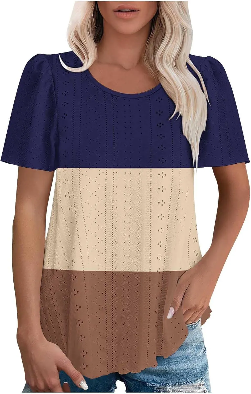 Summer Tops for Women Trendy Eyelet Hollow Out T-Shirts Crewneck Color Block Shirts Casual Loose Fit Tunic Blouse
