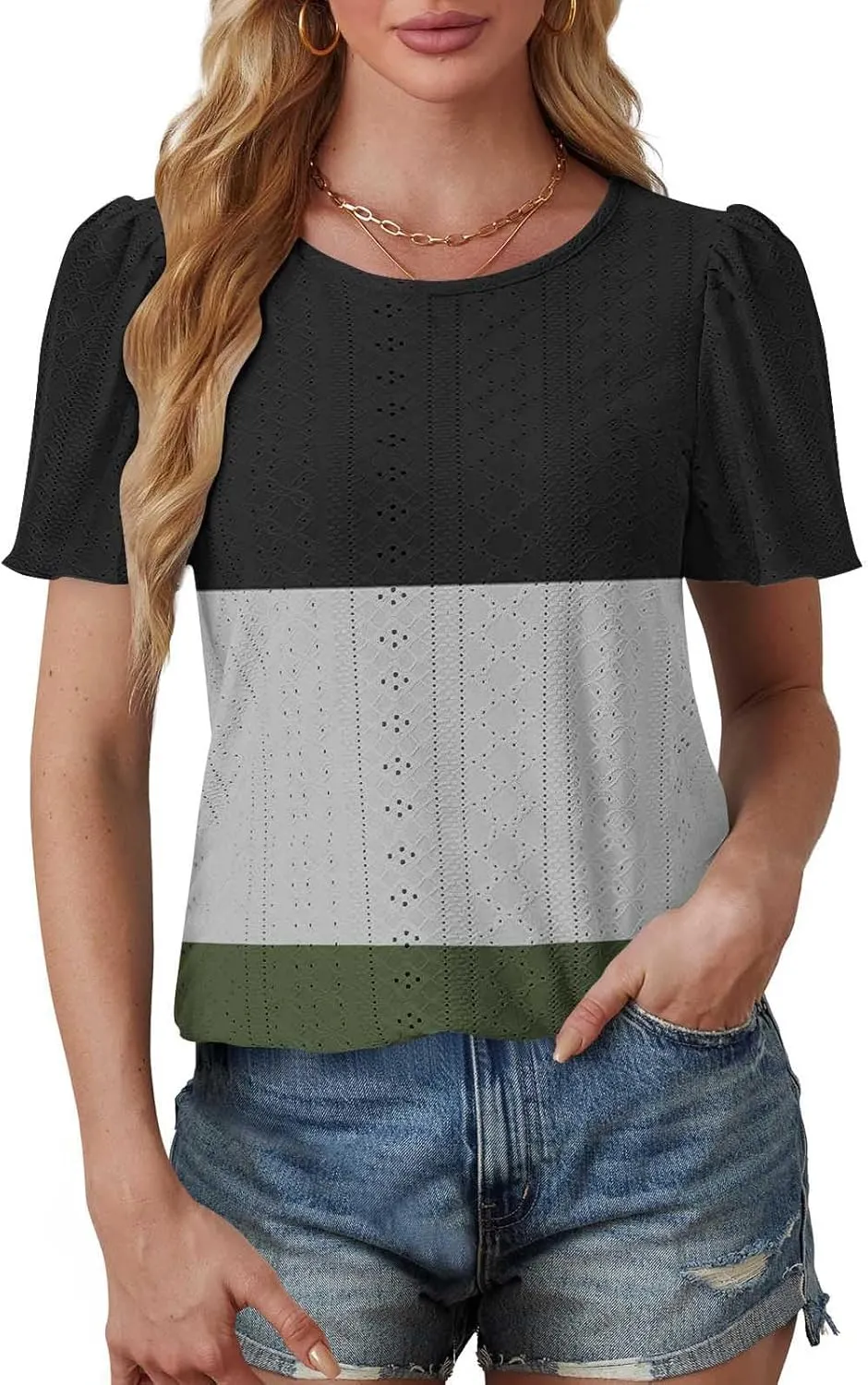 Summer Tops for Women Trendy Eyelet Hollow Out T-Shirts Crewneck Color Block Shirts Casual Loose Fit Tunic Blouse
