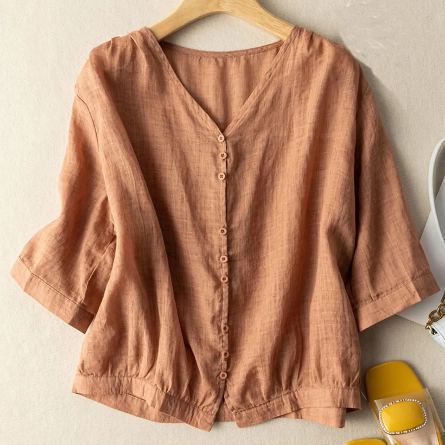 Summer Women Crop Sleeve Cotton Linen Tops 2024 Trendy Baggy T Shirt V-Neck Button-Down Shirts Casual Breathable Blouse