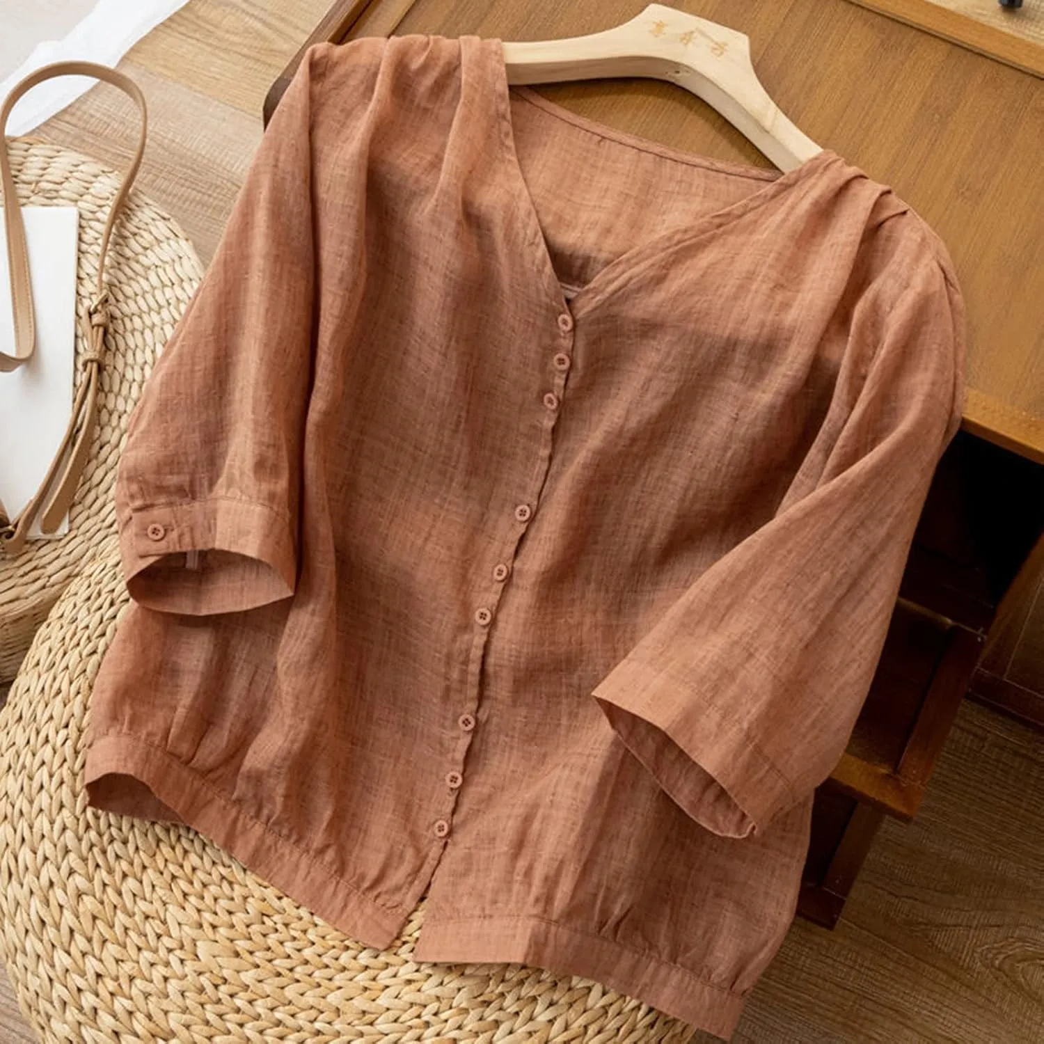 Summer Women Crop Sleeve Cotton Linen Tops 2024 Trendy Baggy T Shirt V-Neck Button-Down Shirts Casual Breathable Blouse