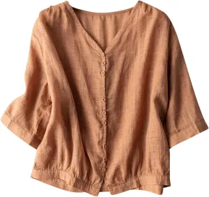 Summer Women Crop Sleeve Cotton Linen Tops 2024 Trendy Baggy T Shirt V-Neck Button-Down Shirts Casual Breathable Blouse