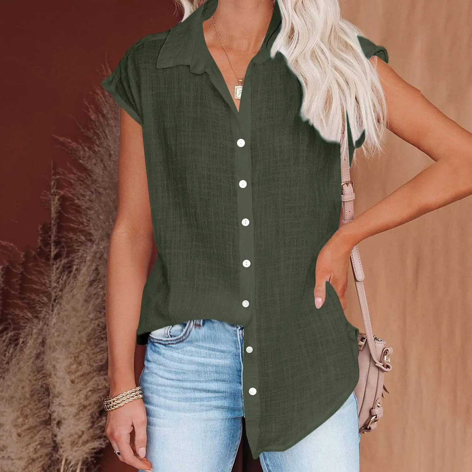 Summer Womens Button Down Cotton Linen Shirts V Neck Cap Sleeve Tank Blouses Loose Collared Shirt Casual Work Tops
