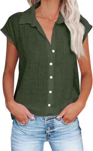 Summer Womens Button Down Cotton Linen Shirts V Neck Cap Sleeve Tank Blouses Loose Collared Shirt Casual Work Tops