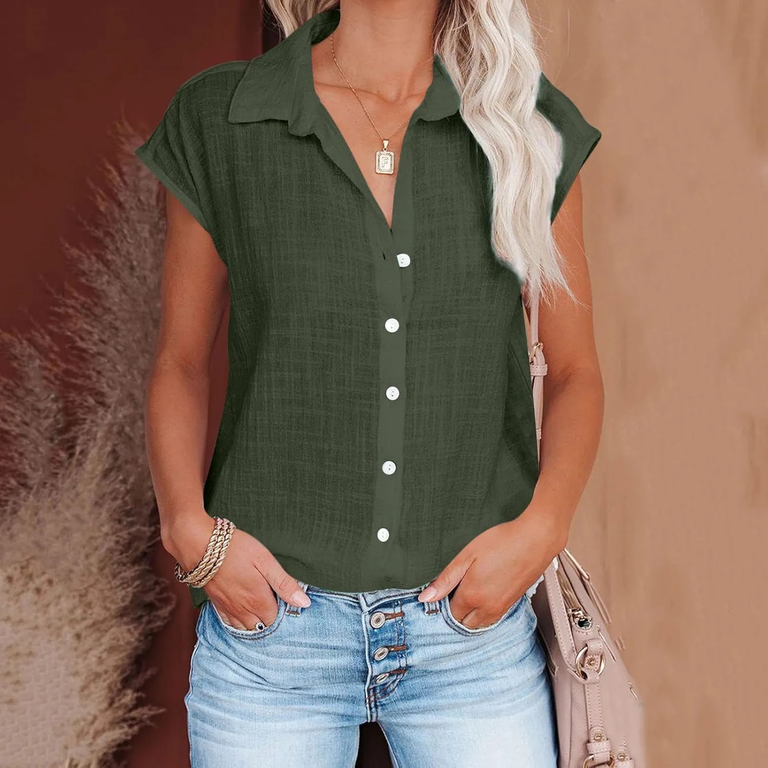 Summer Womens Button Down Cotton Linen Shirts V Neck Cap Sleeve Tank Blouses Loose Collared Shirt Casual Work Tops