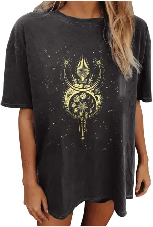 Summer Y2k Tops for Womens, Casual Vintage Short Sleeve T-Shirt, Girls Oversize Loose Round Neck Elastic Tee Black