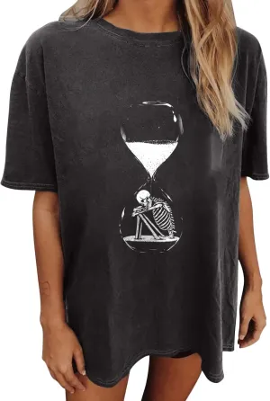 Summer Y2k Tops for Womens, Casual Vintage Short Sleeve T-Shirt, Girls Oversize Loose Round Neck Elastic Tee Gray