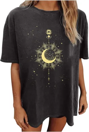 Summer Y2k Tops for Womens, Casual Vintage Short Sleeve T-Shirt, Girls Oversize Loose Round Neck Elastic Tee Gray
