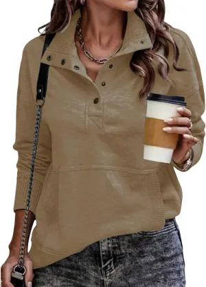 Sweatshirts for Women Button Down Henley V Neck Top Casual Long Sleeve Sweatshirt Lightweight Loose Pullover Tops