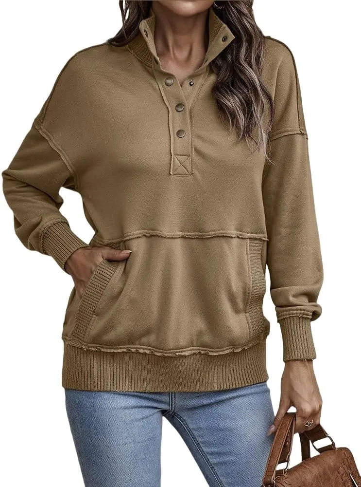 Sweatshirts for Women Button Down Henley V Neck Top Casual Long Sleeve Sweatshirt Lightweight Loose Pullover Tops