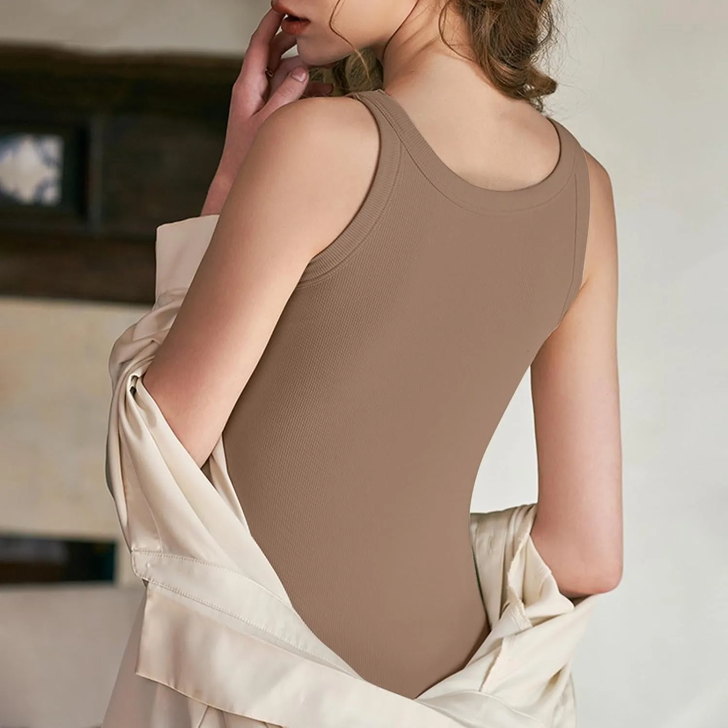 Tank Top with Built in Bra for Women Summer Casual Camisoles Basic Shirts Racerback Ribbed Fitted Tanks Cami Tops
