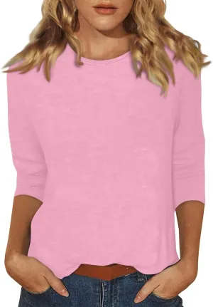 Trendy Outfits for Women 2024 O-Neck 3/4 Sleeve Shirts Printed Trendy Blouses Casual Cute Tunic Loose Fit Basic Clothing