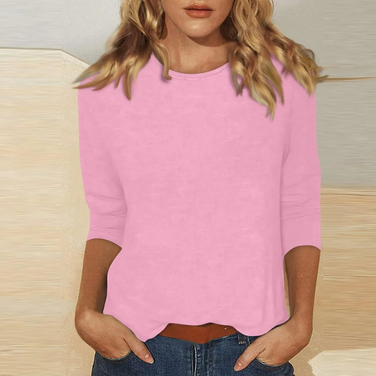 Trendy Outfits for Women 2024 O-Neck 3/4 Sleeve Shirts Printed Trendy Blouses Casual Cute Tunic Loose Fit Basic Clothing