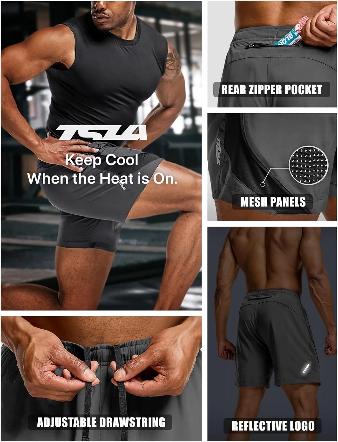 TSLA Men's Active Running Shorts, Training Exercise Workout Shorts, Quick Dry Gym Athletic Performance Shorts with Pockets