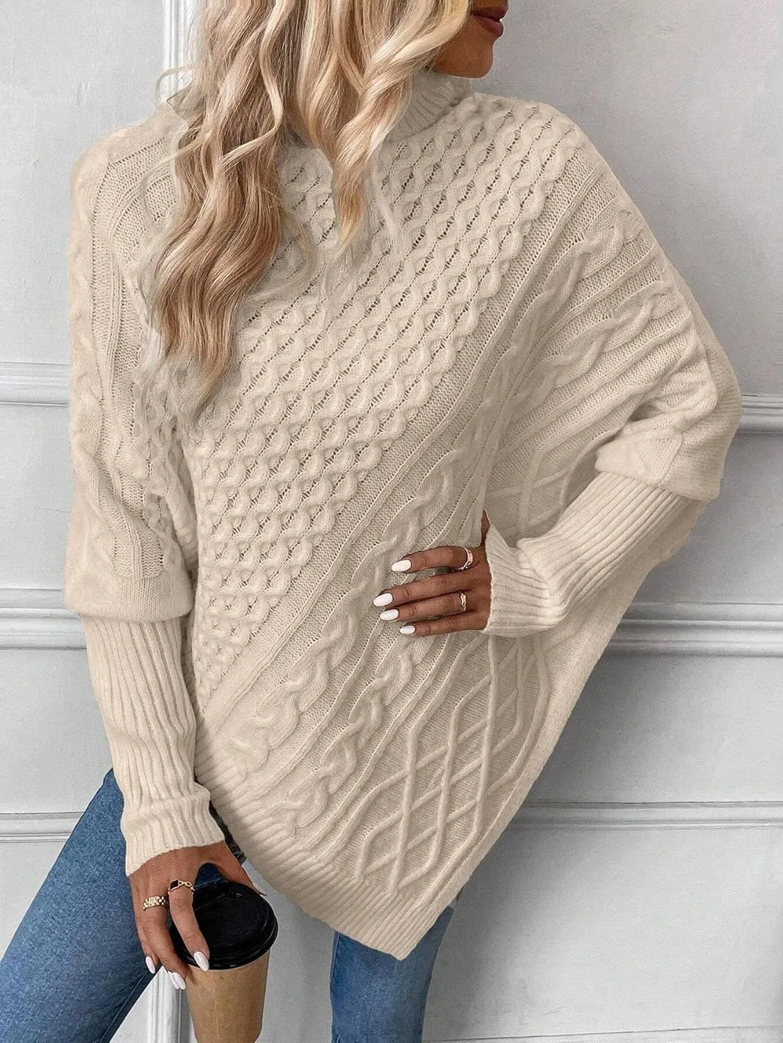 Urchics Casual Sweater Turtleneck Batwing Sleeve Asymmetrical Hem Cable Knit Poncho