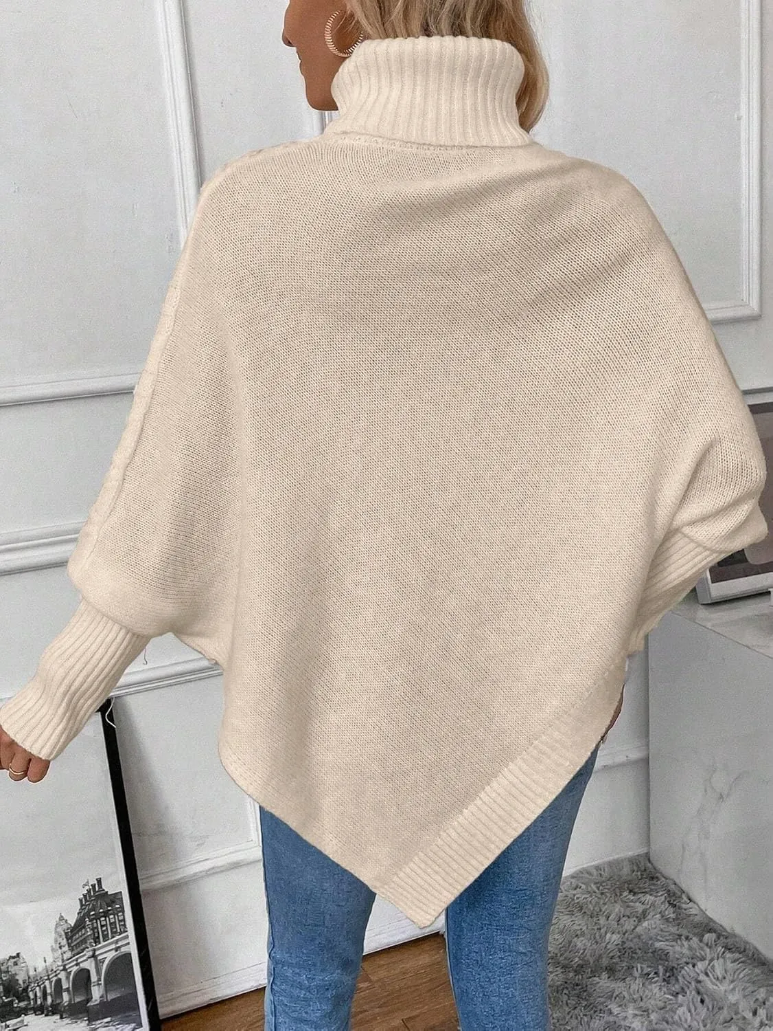 Urchics Casual Sweater Turtleneck Batwing Sleeve Asymmetrical Hem Cable Knit Poncho
