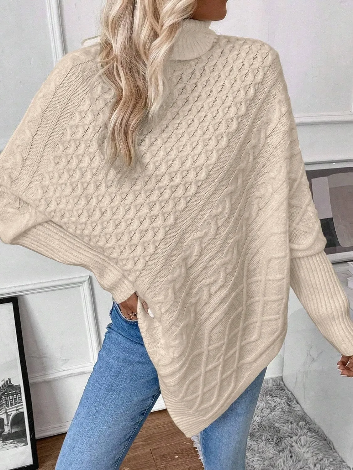 Urchics Casual Sweater Turtleneck Batwing Sleeve Asymmetrical Hem Cable Knit Poncho