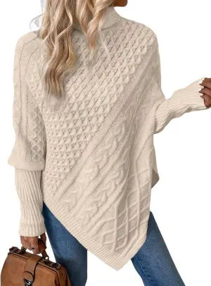 Urchics Casual Sweater Turtleneck Batwing Sleeve Asymmetrical Hem Cable Knit Poncho