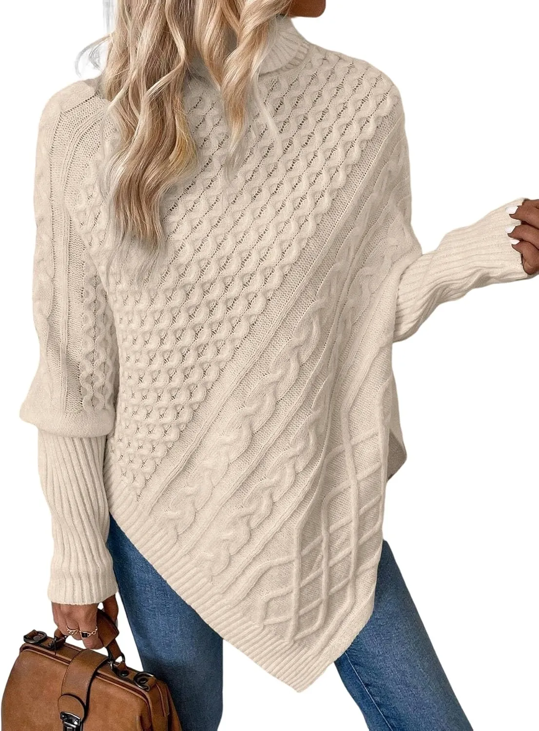 Urchics Casual Sweater Turtleneck Batwing Sleeve Asymmetrical Hem Cable Knit Poncho