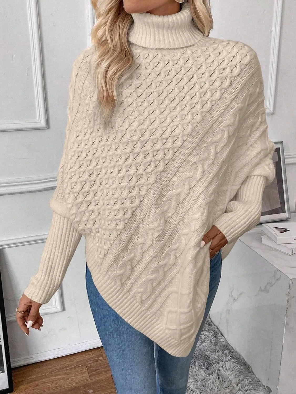 Urchics Casual Sweater Turtleneck Batwing Sleeve Asymmetrical Hem Cable Knit Poncho