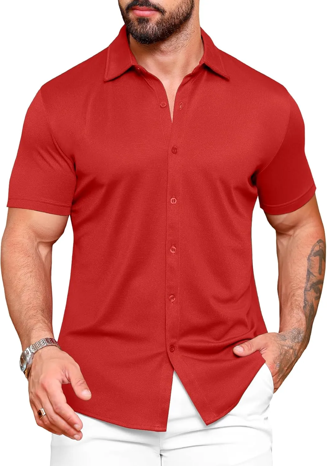 URRU Men's Muscle Dress Shirts Slim Fit Stretch Wrinkle Free Short Sleeve Casual Button Down Shirts