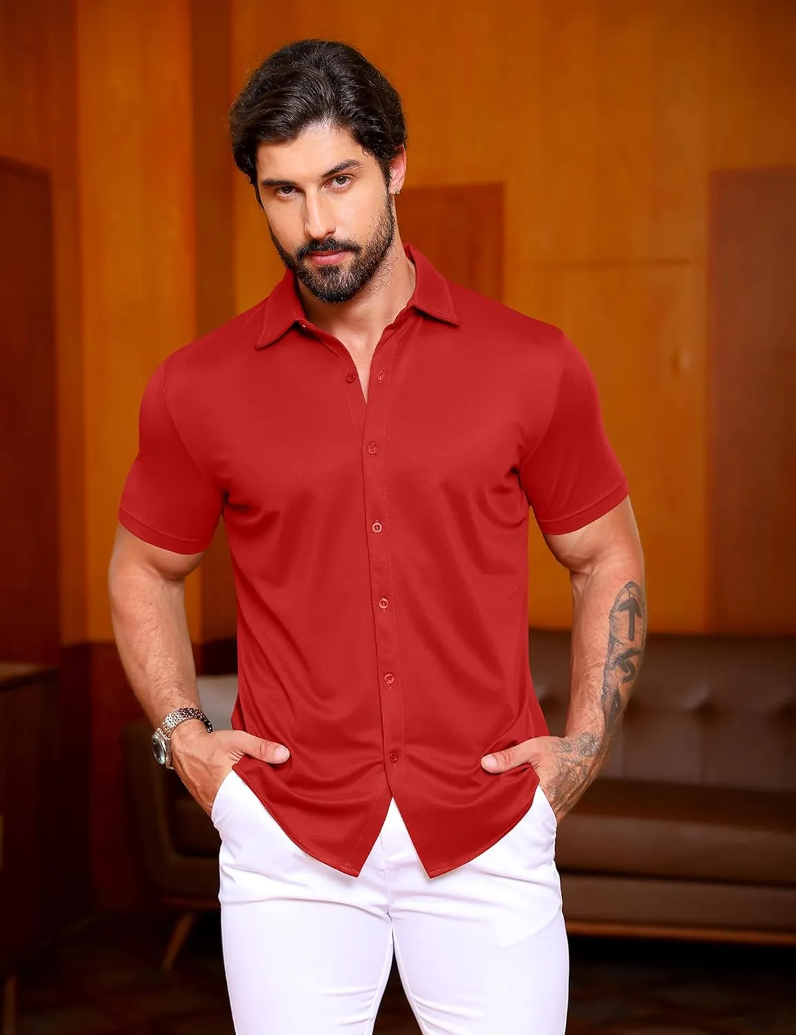 URRU Men's Muscle Dress Shirts Slim Fit Stretch Wrinkle Free Short Sleeve Casual Button Down Shirts