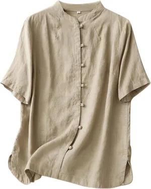 Vintage Chinese Frog Button Cotton Linen Tops Women 2024 Fashion Crew Neck Short Sleeve Boho Loose Casual Summer Shirts