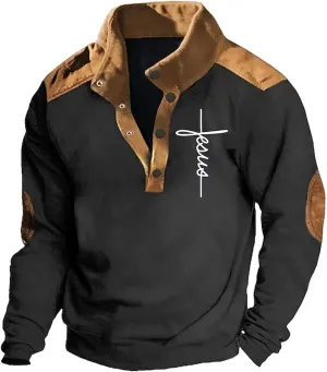Vintage Stand Collar Sweatshirts for Men Quarter Button Christian Religious Pullovers Casual Classic Color Block Jacket Coat