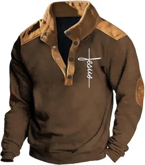 Vintage Stand Collar Sweatshirts for Men Quarter Button Christian Religious Pullovers Casual Classic Color Block Jacket Coat