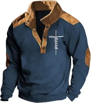 Vintage Stand Collar Sweatshirts for Men Quarter Button Christian Religious Pullovers Casual Classic Color Block Jacket Coat