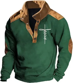 Vintage Stand Collar Sweatshirts for Men Quarter Button Christian Religious Pullovers Casual Classic Color Block Jacket Coat