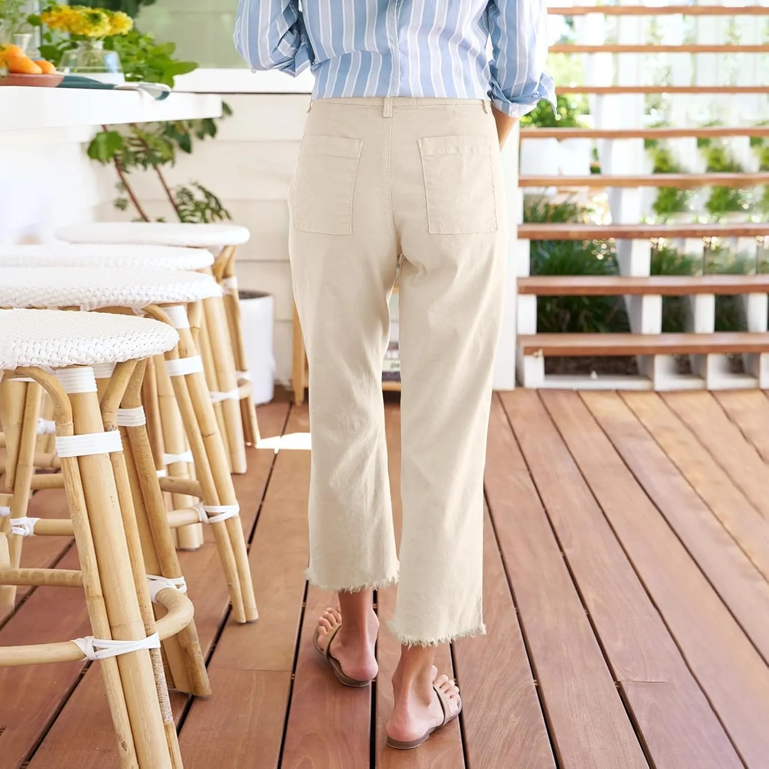 Wide Leg Dress Pants for Women Frayed Hem Elastic High Waisted Linen Pants Casual Summer Cropped Pants with Pockets
