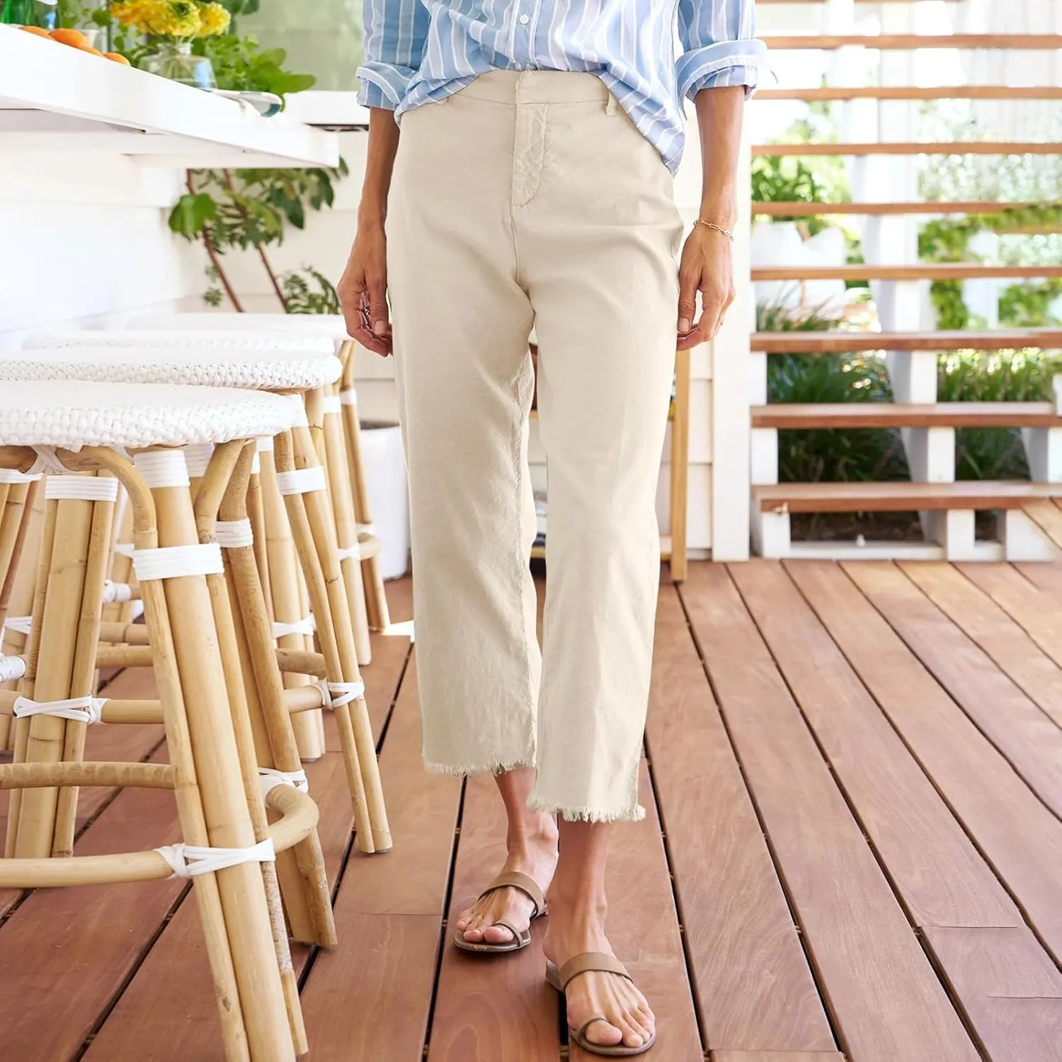 Wide Leg Dress Pants for Women Frayed Hem Elastic High Waisted Linen Pants Casual Summer Cropped Pants with Pockets
