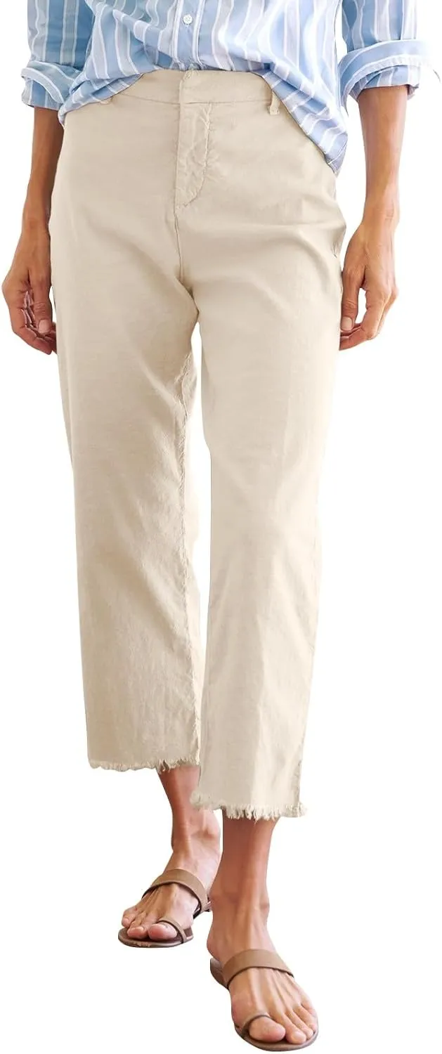 Wide Leg Dress Pants for Women Frayed Hem Elastic High Waisted Linen Pants Casual Summer Cropped Pants with Pockets