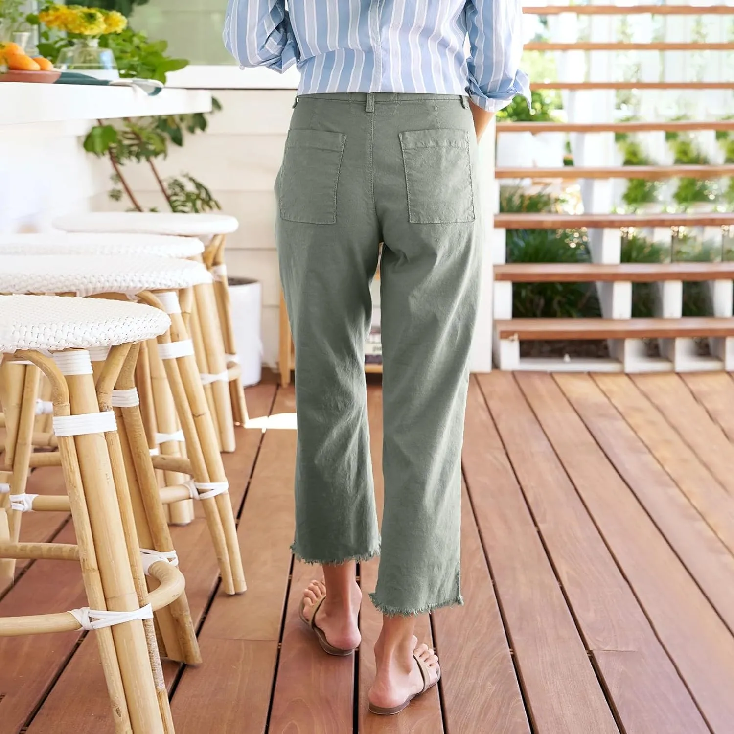 Wide Leg Dress Pants for Women Frayed Hem Elastic High Waisted Linen Pants Casual Summer Cropped Pants with Pockets