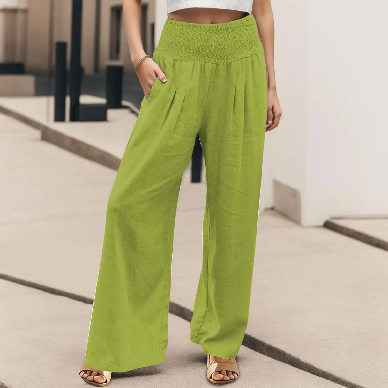 Wide Leg Pants for Women with Pockets Casual High Waisted Straight Leg Palazzo Pant Loose Solid Lounge Trousers