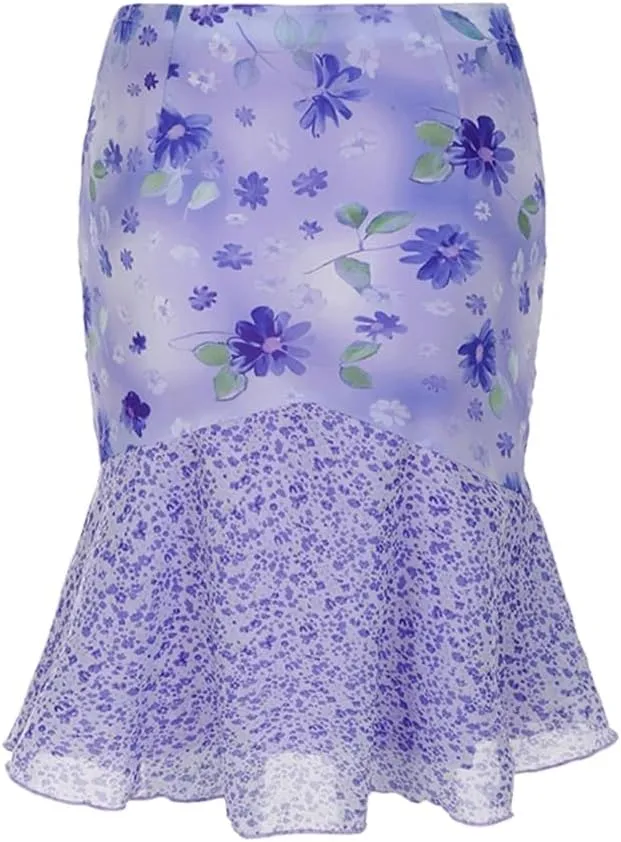 Women Elegant Floral Print Mid Skirt Vintage Casual Bodycon Long Skirts Outfits