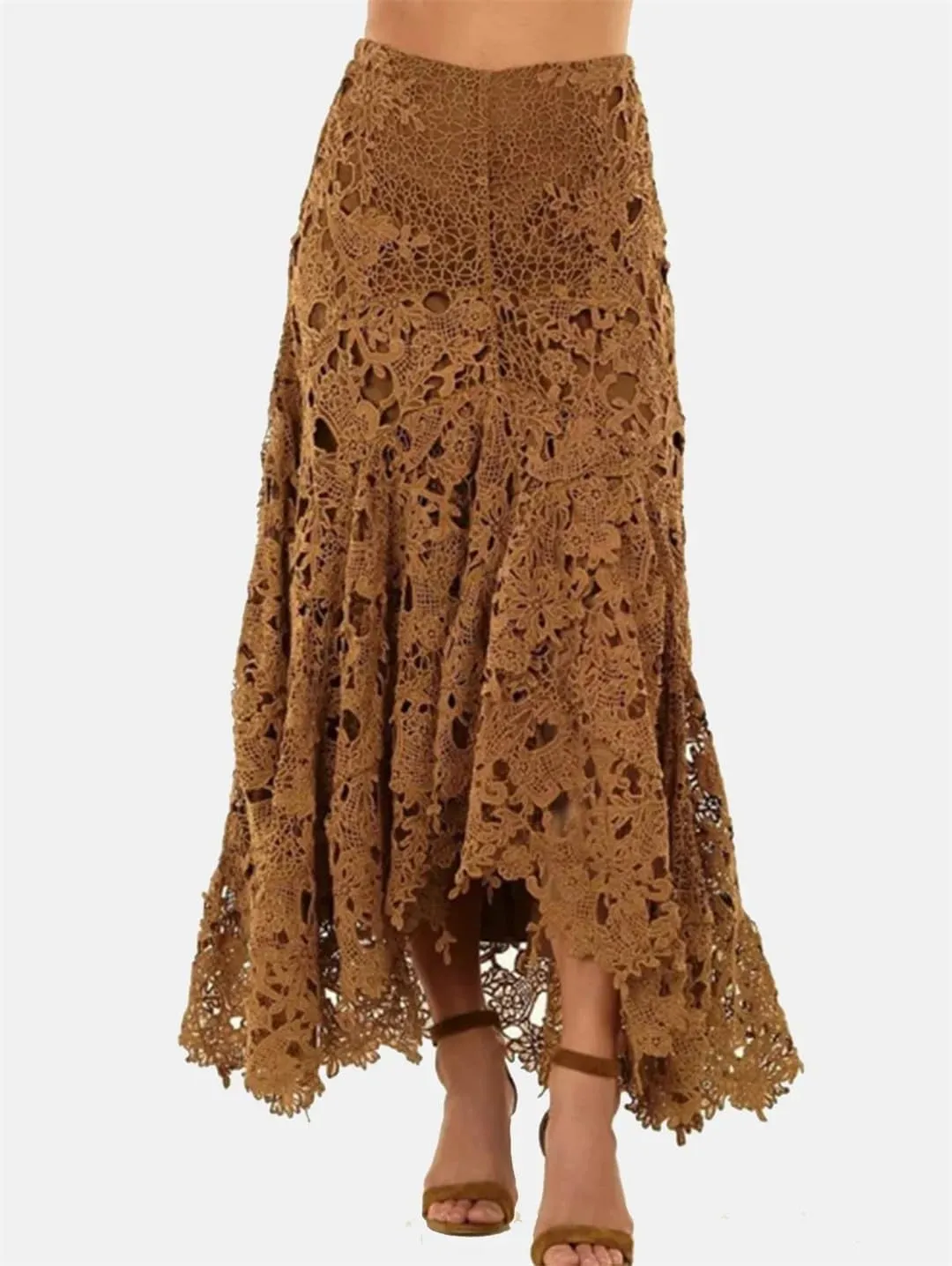 Women Elegant Lace Asymmetrical Skirt Vintage Y2K Boho High Waist Hollow Mesh Patchwork Layered Maxi Skirts