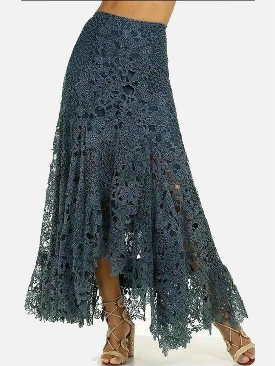 Women Elegant Lace Asymmetrical Skirt Vintage Y2K Boho High Waist Hollow Mesh Patchwork Layered Maxi Skirts