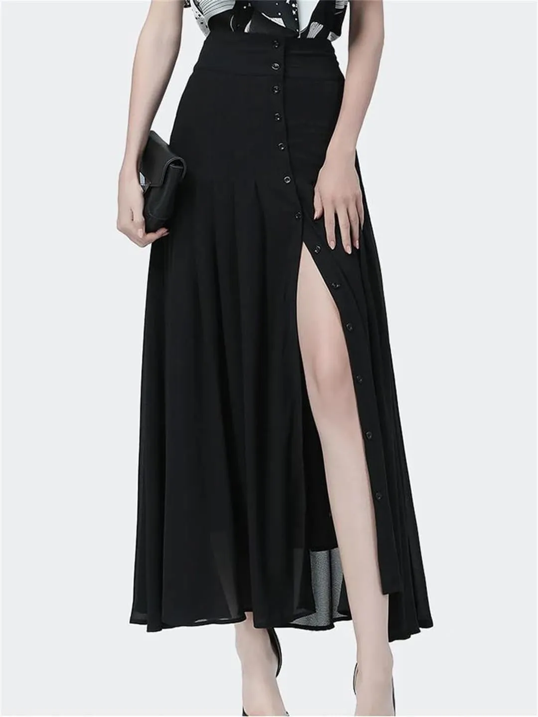Women Elegant Mid-Length Skirt High-Waist Sexy Button Slit Mesh Long Gauze Pleated Skirts