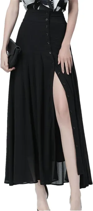 Women Elegant Mid-Length Skirt High-Waist Sexy Button Slit Mesh Long Gauze Pleated Skirts