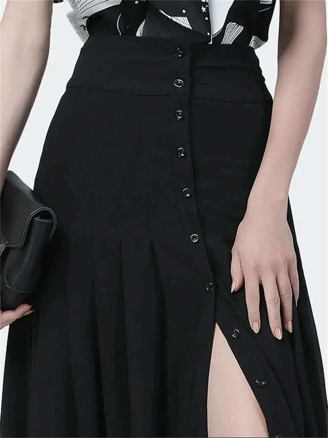 Women Elegant Mid-Length Skirt High-Waist Sexy Button Slit Mesh Long Gauze Pleated Skirts