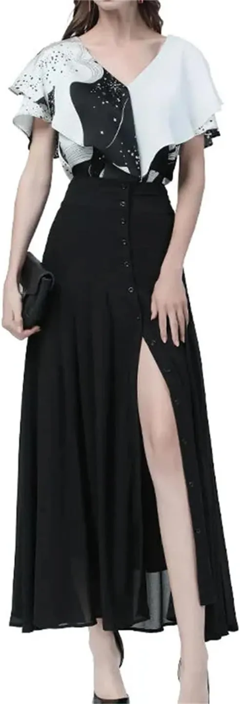 Women Elegant Mid-Length Skirt High-Waist Sexy Button Slit Mesh Long Gauze Pleated Skirts