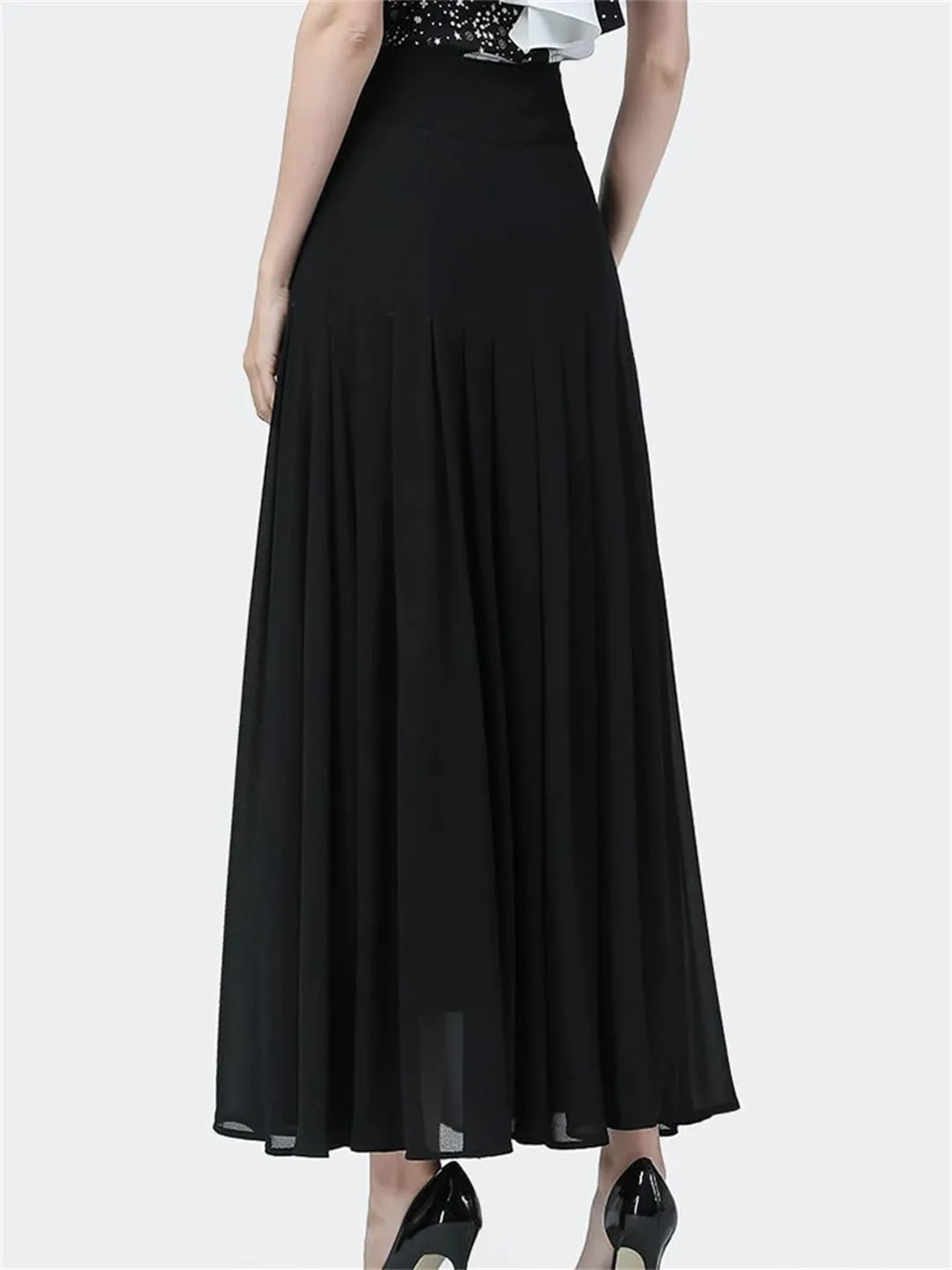 Women Elegant Mid-Length Skirt High-Waist Sexy Button Slit Mesh Long Gauze Pleated Skirts