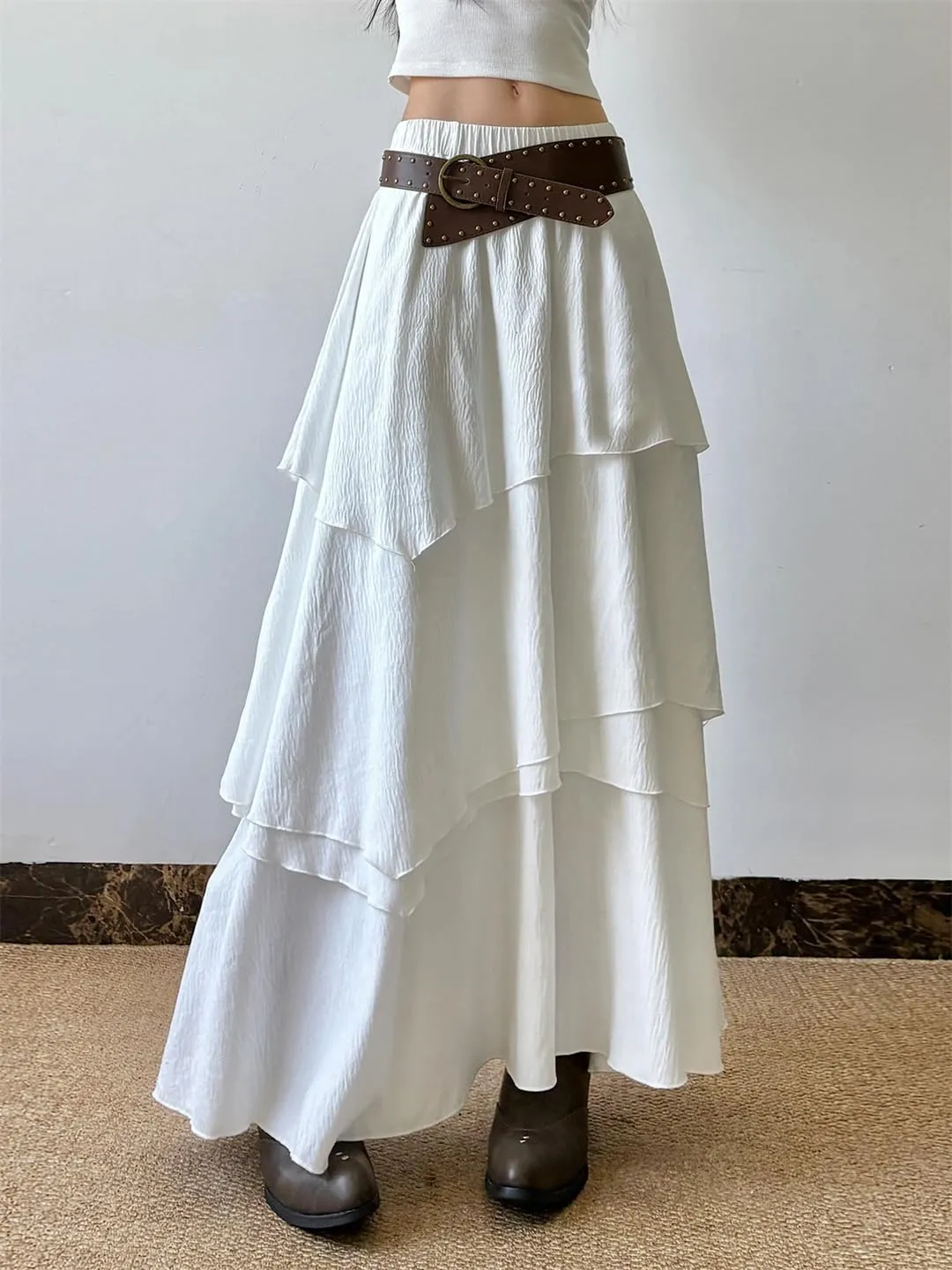 Women Elegant Multi-Layer Long Skirt Loose High Waist Skirts Vintage Outfits Holiday
